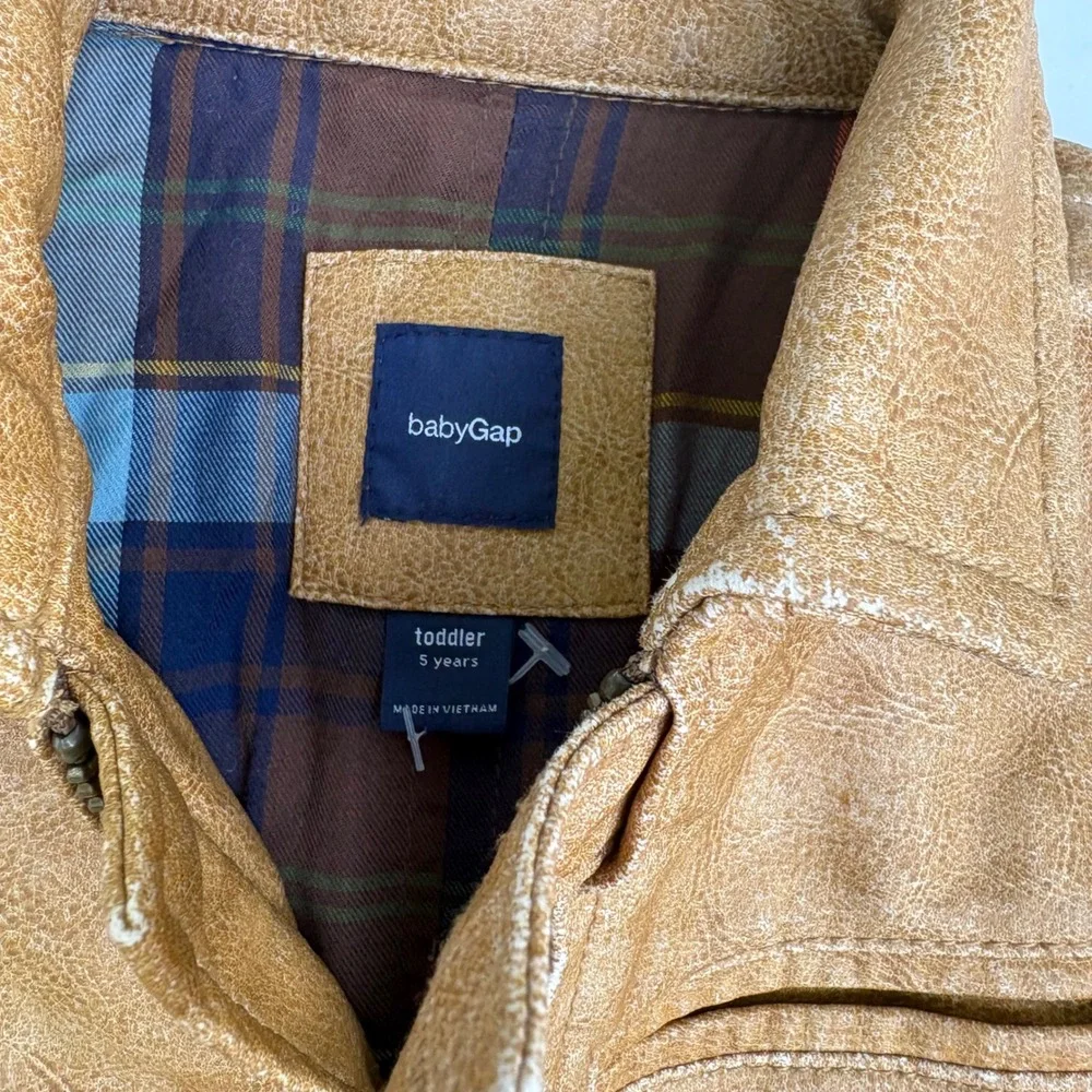 babyGap Toddler Boys Tan Faux Leather Moto Jacket Plaid Lined Brown Size 5T
